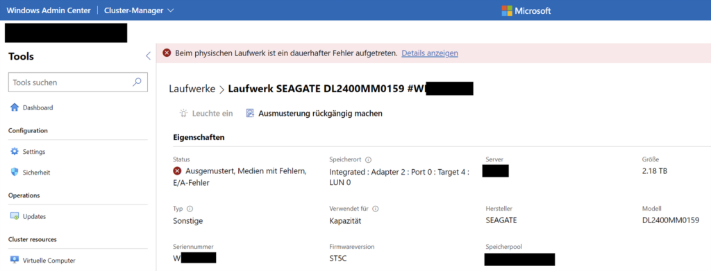 Windows Admin Center - Cluster-Manager: "Leuchte ein" deaktiviert