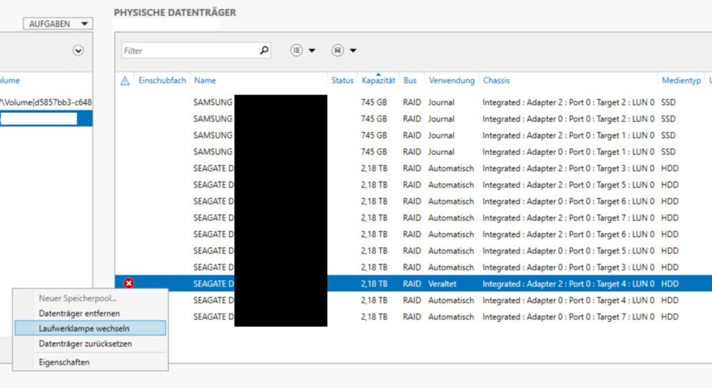 Windows Server-Manager: Laufwerklampe wechseln