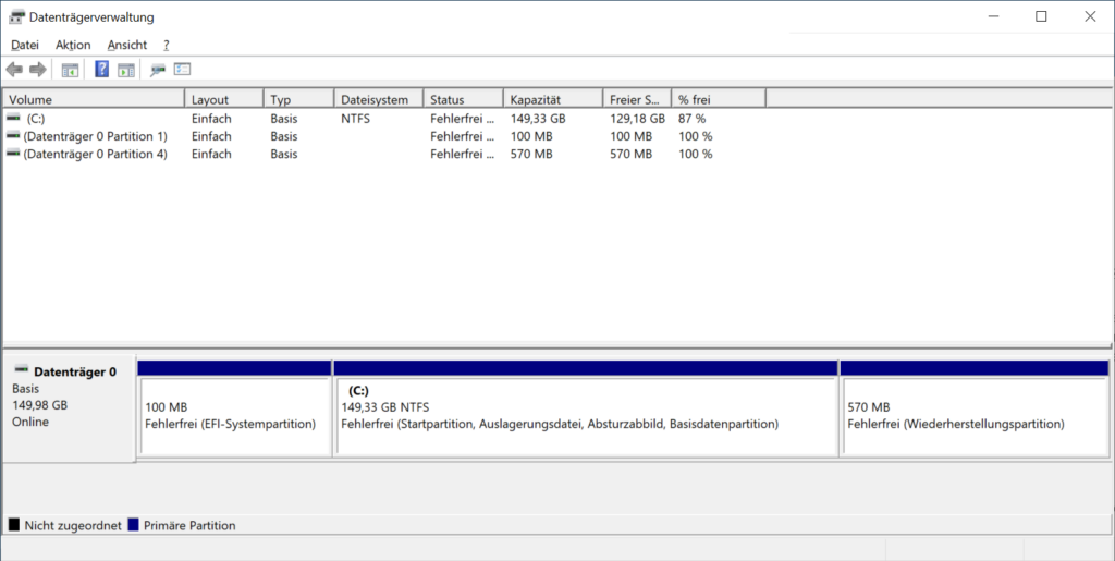 Windows Server 2022 Datenträgerverwaltung: Ausgangszustand Wiederherstellungspartition