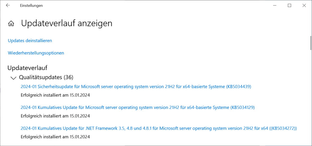 Windows Server 2022 Updateverlauf: 2024-01 Sicherheitsupdate für Microsoft server operating system version 21H2 für x64-basierte Systeme (KB5034439) installiert