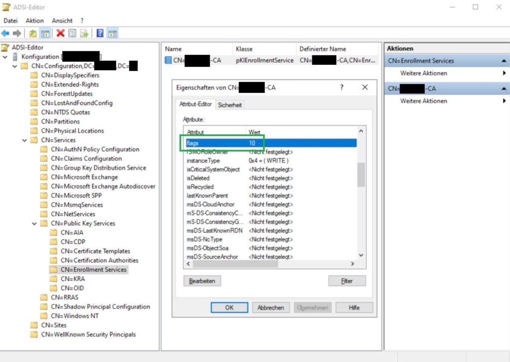 ADSI Editor - Enrollment Services - flags: 10