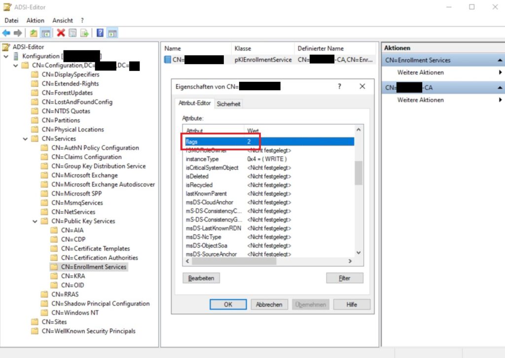 ADSI Editor - Enrollment Services - flags: 2