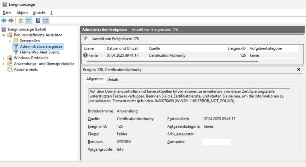 Windows Ereignisanzeige - Fehler: CertificationAuthority, Ereignis-ID 126