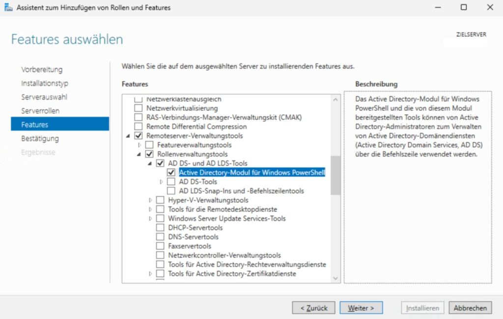 Windows Server Manager - Feature hinzufügen - Active Directory-Modul für Windows PowerShell