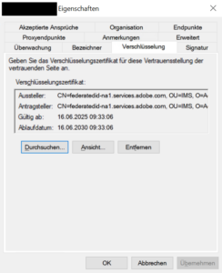 AD FS - Eigenschaften der Vertrauensstellung - Verschlüsselung - Durchsuchen - SAML-Zertifikat