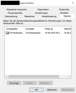 AD FS - Eigenschaften der Vertrauensstellung - Signatur - Hinzufügen - SAML-Zertifikat