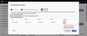 Adobe Admin Console: Zertifikate - Neues Zertifikat erstellen - Aktionen - SAML-Zertifikat herunterladen