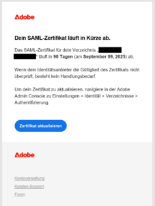 Screenshot des E-Mails: Dein SAML-Zertifikat läuft in Kürze ab.