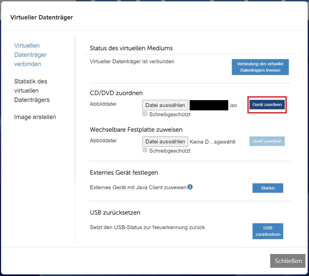 Virtuelle Konsole von Dell iDRAC: Virtueller Datenträger - CD/DVD - Gerät zuordnen