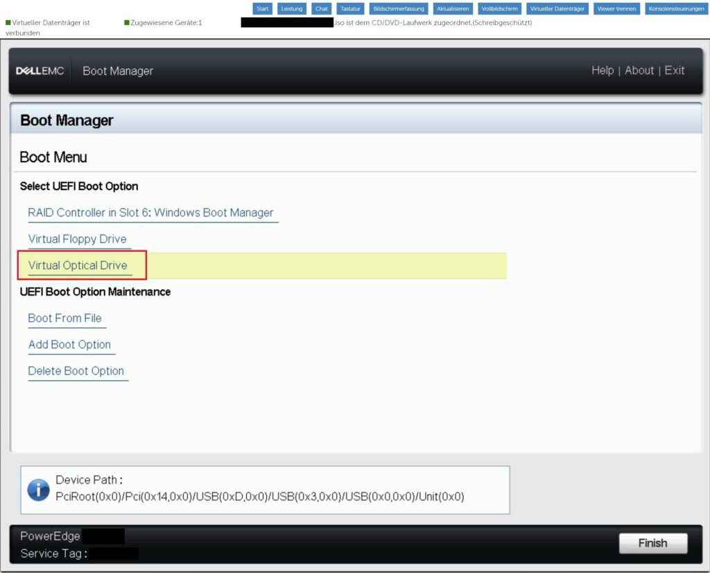 Virtuelle Konsole von Dell iDRAC: Boot Manager - Virtual Optical Drive