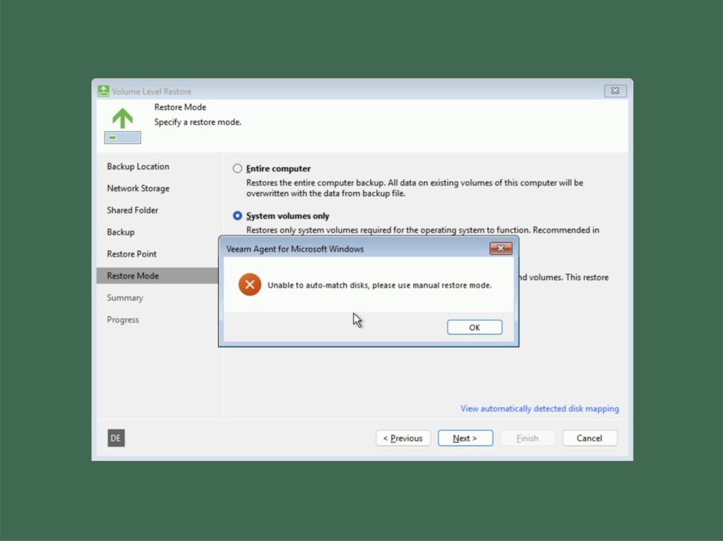 Veeam Recovery Media 6.3.2 - Restore Mode - Unable to auto-matich disks...